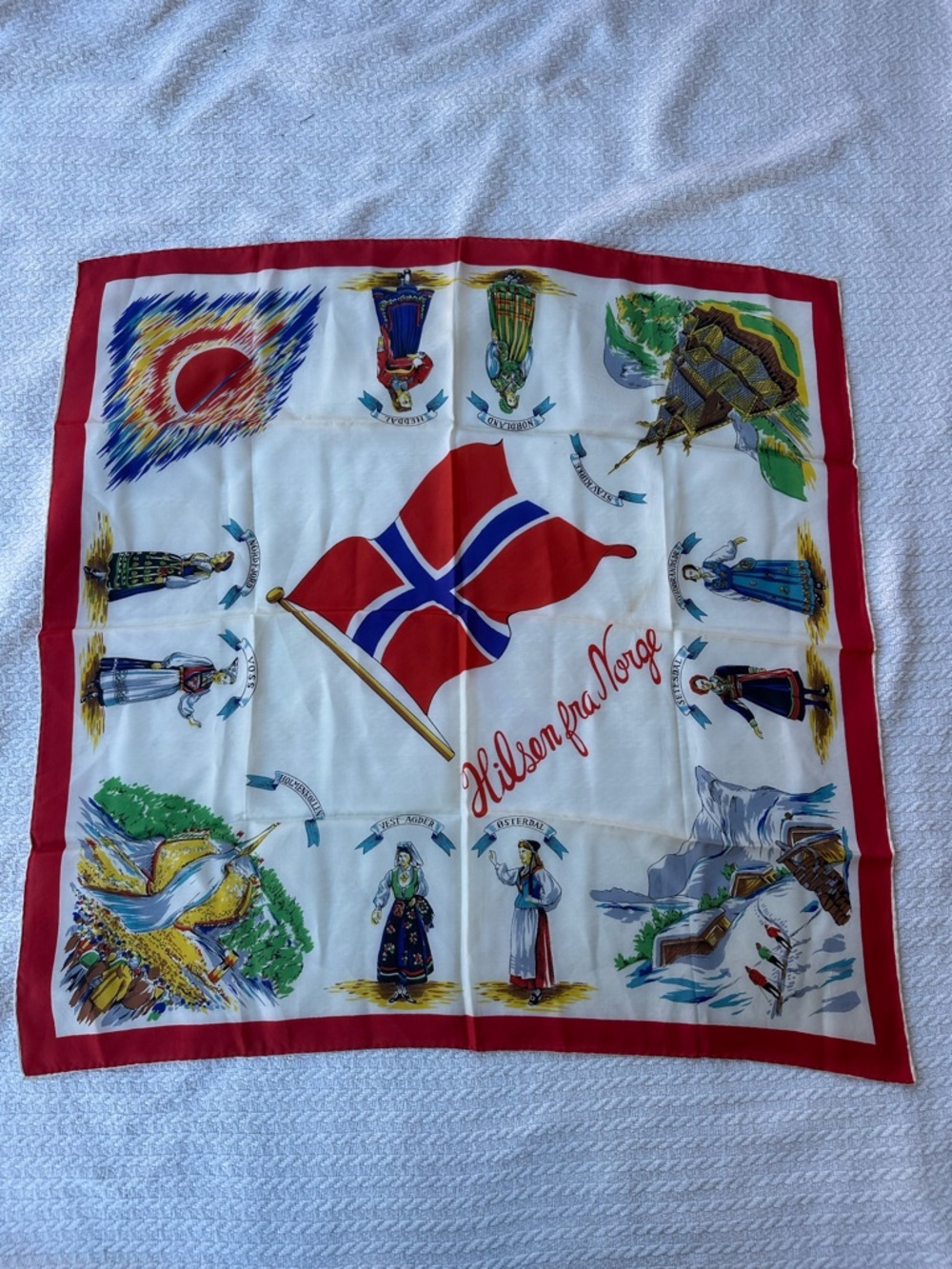 Hilsen fra Norge Vintage Norwegian souvenir Flag Scarf - Red, White, Blue